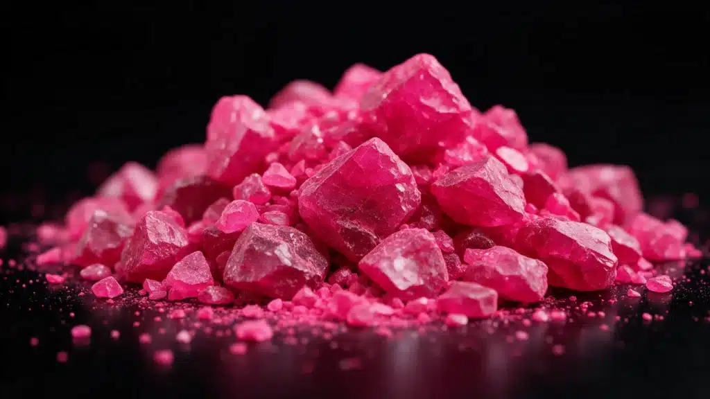 Cristales y polvo de tusi de color rosa intenso sobre fondo negro