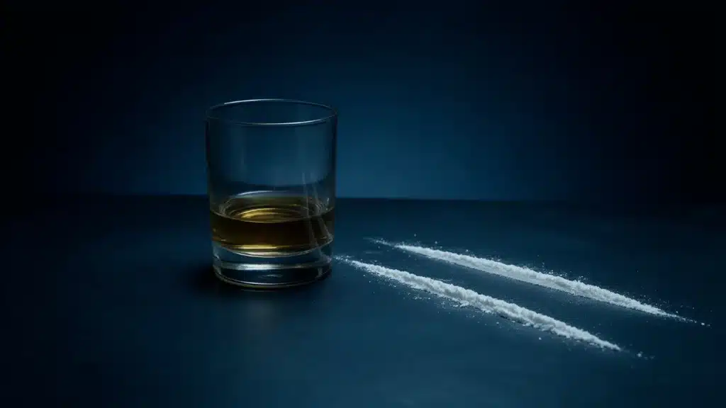 Vaso de whisky junto a dos líneas de cocaína sobre una superficie oscura, mezcla de alcohol y cocaína